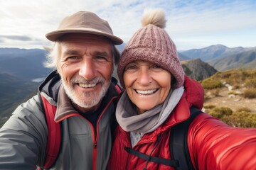 Fototapeta na wymiar Smiling senior couple taking selfie in nature