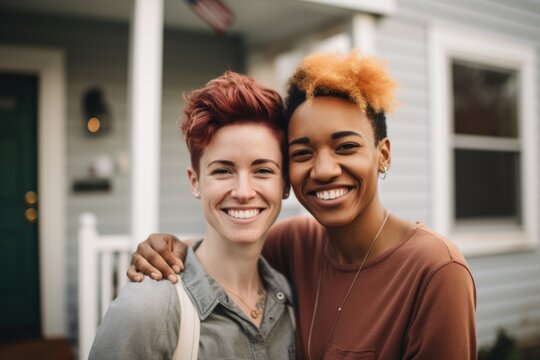 Portrait of a happy young lesbian couple outside their home