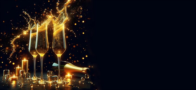 Raising a toast with champagne, celebrating the new year, alcohol splash, bokeh colorful background with free copy space, blank, greetings card, invitation template, generative ai 