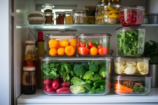 Well-stocked refrigerator with a variety of fresh vegetables, nuts, spices inside. Concept: purchasing and storing food for healthy eating, dieting, weight loss