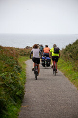 Group of people family friends on bicycles cyclists dressed in sports clothes with bright colored clothes back to back on a coastal path on a cliff surrounded by vegetation approaching the sea ocean