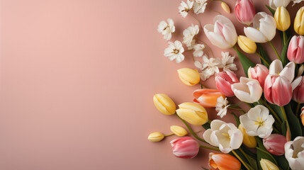 Fototapeta na wymiar Romantic pink background with white, yellow and pink ombre tulip flowers and space for text. Holiday greeting card design.