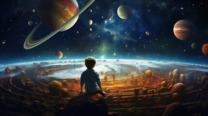 Boy looking on planets in space. Childhood, creative and imagination