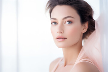 Studio Close Up Portrait of a Beautiful Woman, Brunette with Glowing Healthy Skin and Subtle Make Up on White Background. Natural Cosmetics Beauty Treatment.