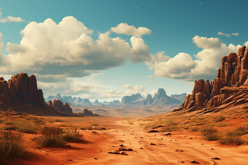 A desert landscape with barren sands and rugged. Wild landscapes concept. - obrazy, fototapety, plakaty