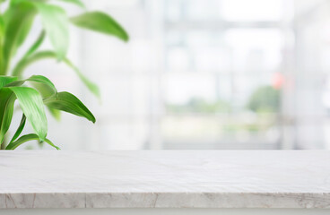 Selective focus.Elegance product display background with marble top on blur big window