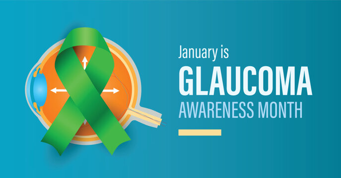 Glaucoma awareness month banner. Illustration features eyeball and ribbon on blue background.