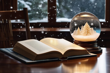  glass snow globe on the table an open book next to it and a double leaf window behind it
