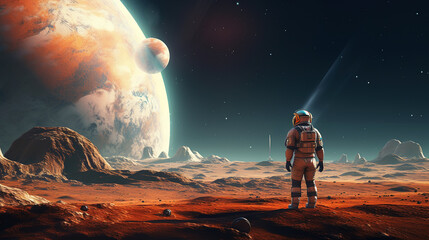 Astronaut standing on planet's surface with cosmos and planets background