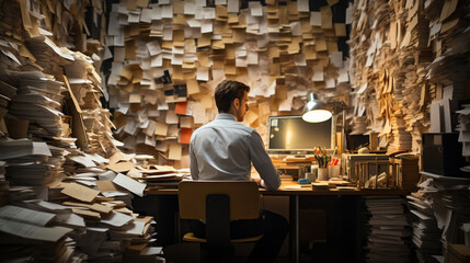 Bureaucracy: Employee sits at his desk in his office surrounded by a multitude of files to be processed, Ai generated - obrazy, fototapety, plakaty