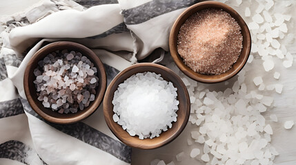 Top view of different tipe of salt, pink, white, Kala namak, himalayan on the white fabric. Generative AI