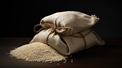 A sack of rice sitting on top of a wooden table. Suitable for food, agriculture, and culinary themes