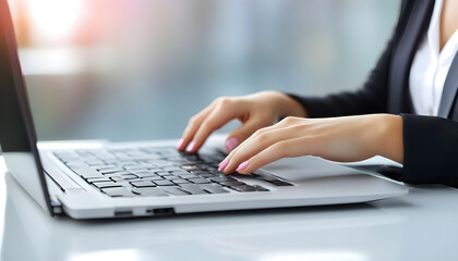 Business-woman-working-on-modern-computer-banner-or-panorama.-Person-buying-online-at-internet.-Laptop-focused-on-keyboard-detail-with-blur-hand.-copy-space-for-text