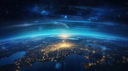Panoramic view of planet earth with lights at night