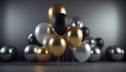 Golden and silver gray metallic balloons and on glistering dark background with birthday party concept Ai generated image.