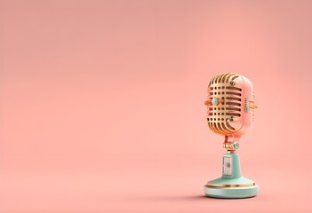 Fondo rosado marco con micrófono de radio, tv show, podcast, rosa femenino . Modelo 3d render realista. Elaborado con tecnología IA
 - obrazy, fototapety, plakaty