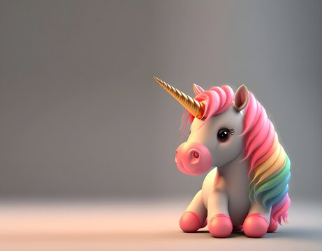 Fondo marco con Bebé unicornio con cabellos de colores pastel. Personaje de animación Kawaii 3d. Render realista generado con tecnología IA