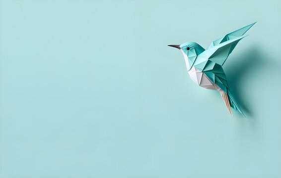 Fondo celeste, turquesa con figura de origami de papel de p&aacute;jaro colibr&iacute;, picaflor. Personaje de animaci&oacute;n Kawaii 3d. Render realista generado con tecnol