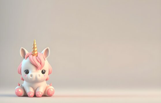 Fondo marco con Bebé unicornio con cabellos de colores pastel. Personaje de animación Kawaii 3d. Render realista generado con tecnología IA