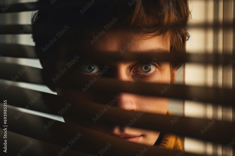 Poster a young man is seen peering out of a window with blinds. this image can be used to depict curiosity,