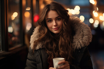 Young woman with a cup of coffee on the street against the background of New Year's lights