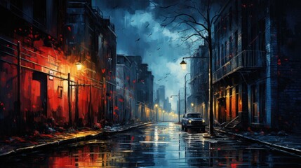 A blue night, rain in background, graffiti art photo effect painting