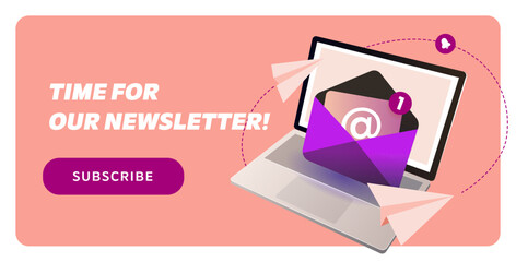 Newsletter subscription banner. Vector illustration for online marketing and business. Open laptop with envelope and flying paper plane. Template for mailing and newsletter.