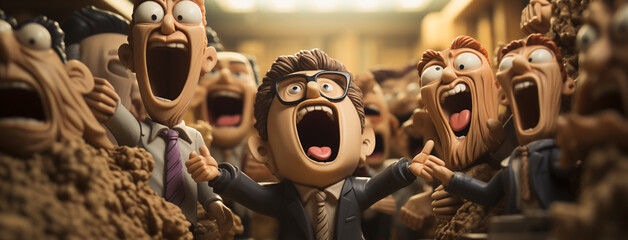 Protest of people, People raising hands and shouting for their needs in a picket, 3d characters open mouth and big eyes   - obrazy, fototapety, plakaty