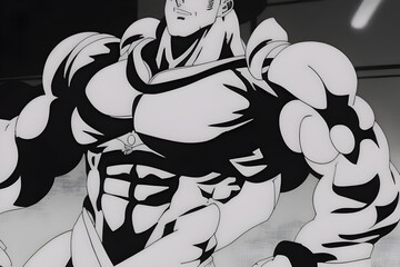 muscled man-boy cartoon Comic art. Generated with AI. black and white color