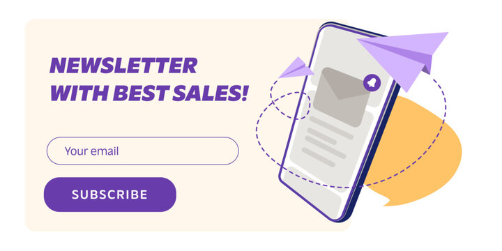 Newsletter subscription form. Vector illustration for online marketing and business. Smartphone with envelope and flying paper plane. Template for mailing and newsletter.