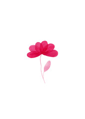 Silhouette of a flower with stem and leaves. Isolated pink watercolor illustration