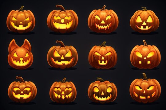 A set of Halloween pumpkins with glowing faces. Perfect for adding a spooky touch to your Halloween decorations