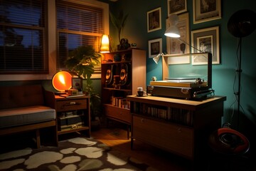 A vintage record player corner with vinyl collections, retro furniture, and ambient lighting,...