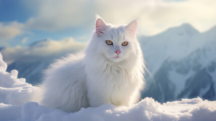 Beautiful white fluffy turkish angora cat on snow background. Generative AI - obrazy, fototapety, plakaty
