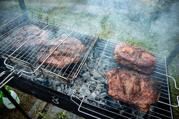 Grill grates with pork steaks, fried juicy meat steaks on burning coals, ready-made fried pieces of...