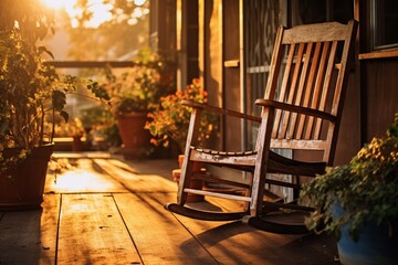 A weathered wooden rocking chair placed on a front porch, surrounded by potted plants and bathed in the warm glow of a setting sun - obrazy, fototapety, plakaty