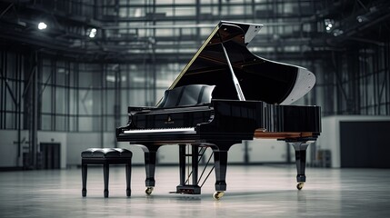 Elegant black grand piano in a large concert hall. Generative AI