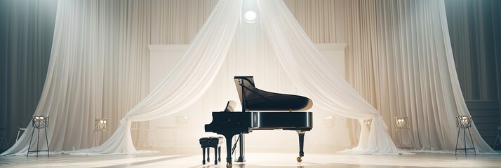 Elegant black grand piano in a large concert hall. Generative AI - obrazy, fototapety, plakaty