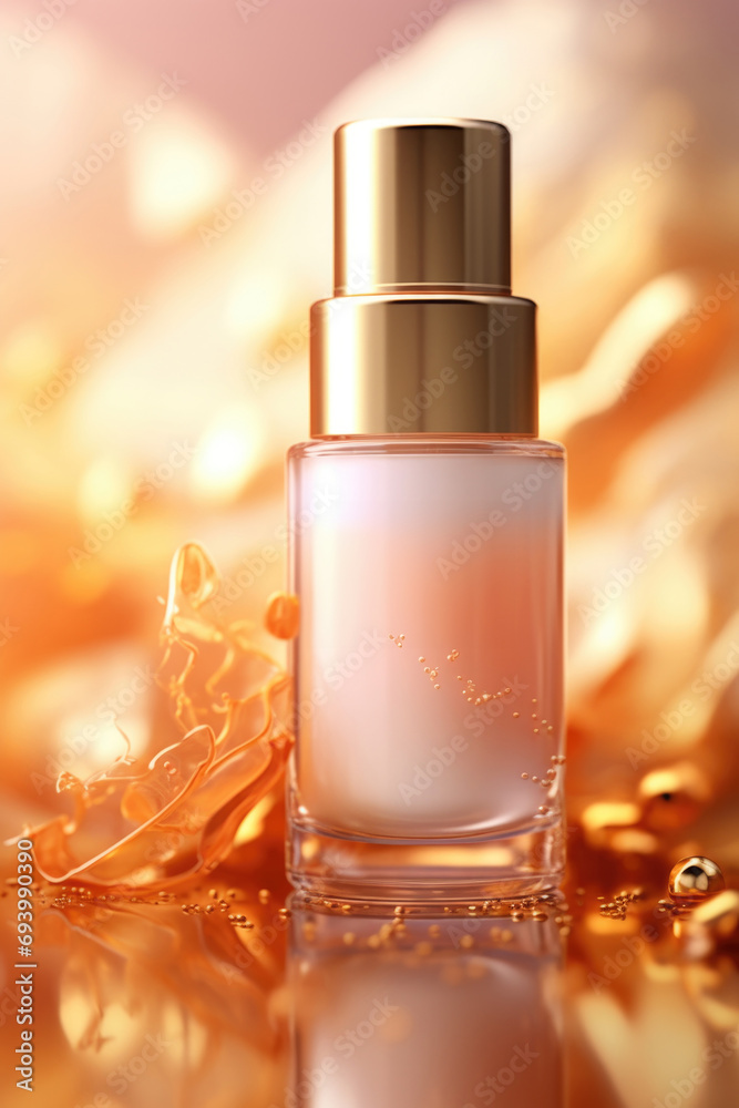 Poster A bottle of white liquid with a gold cap. Suitable for use in various industries and applications