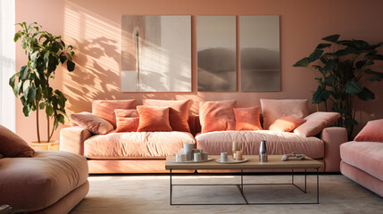 Interior shot of a living room completely immersed in peach fuzz, the color of the year 2024. Cozy sofa, plants and couch table.
