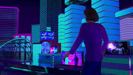 Woman on foreground with futuristic city , metaverse concept , 3D rendering picture. 