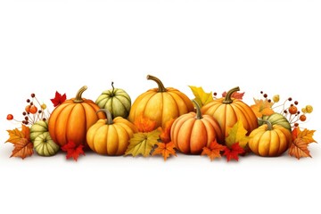 A collection of pumpkins and leaves arranged together on a plain white background. Perfect for autumn-themed projects or Halloween decorations