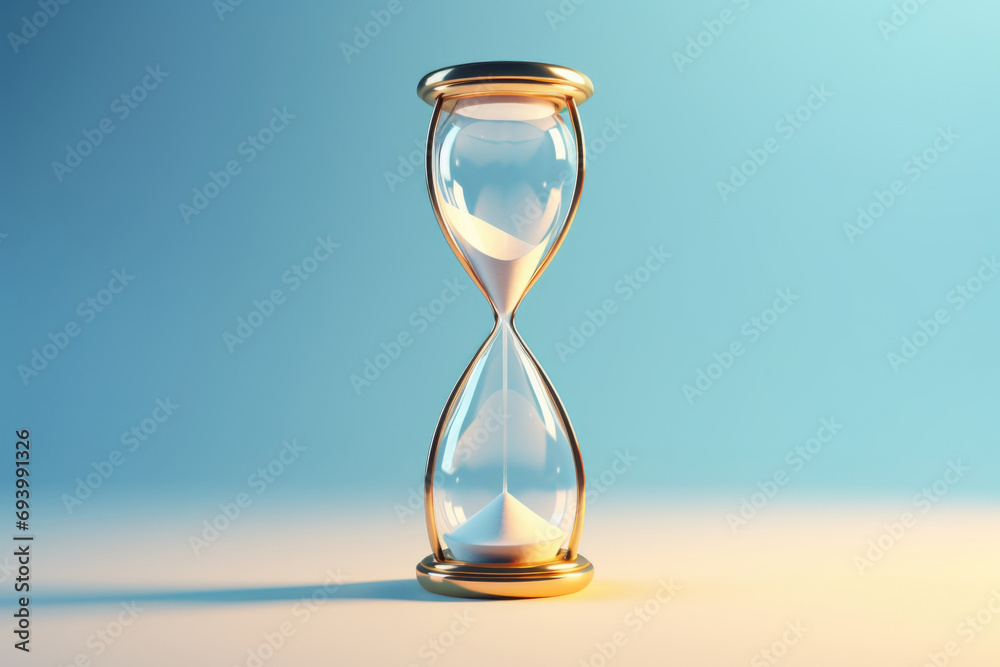 Poster a golden hourglass with a blue background. ideal for time management and productivity concepts