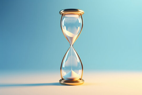 A golden hourglass with a blue background. Ideal for time management and productivity concepts