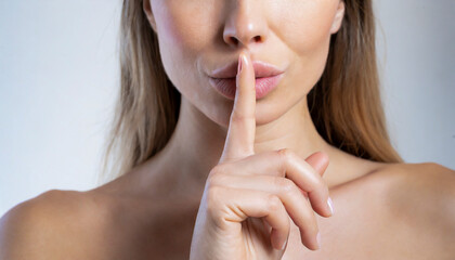 Portrait of woman with index finger on lips asking for silence - obrazy, fototapety, plakaty