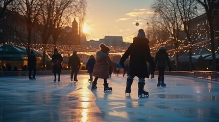 A group of people enjoying ice skating on an ice rink. Suitable for winter sports or recreational activities