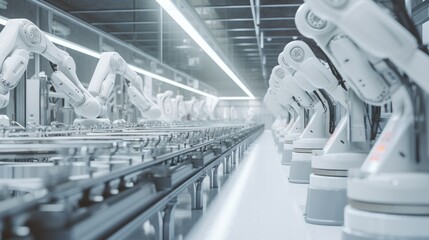 Large Production Line with White Industrial Robot Arms at Modern Bright Factory. Assembled on Conveyor. Automated Manufacturing Facility