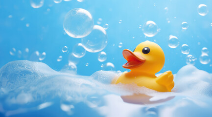 Yellow inflatable bathing duck floats in the water with soap bubbles on a blue background