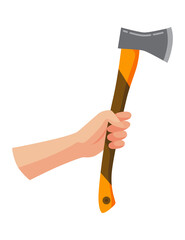 Construction tool in hand, hatchet. Repair and housework equipment in flat design,  illustration. Master tool for building renovation
