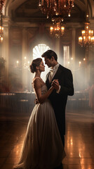 Romantic loving couple in elegant suit and dress slow dancing in dark rich interior. Evening warm lights.